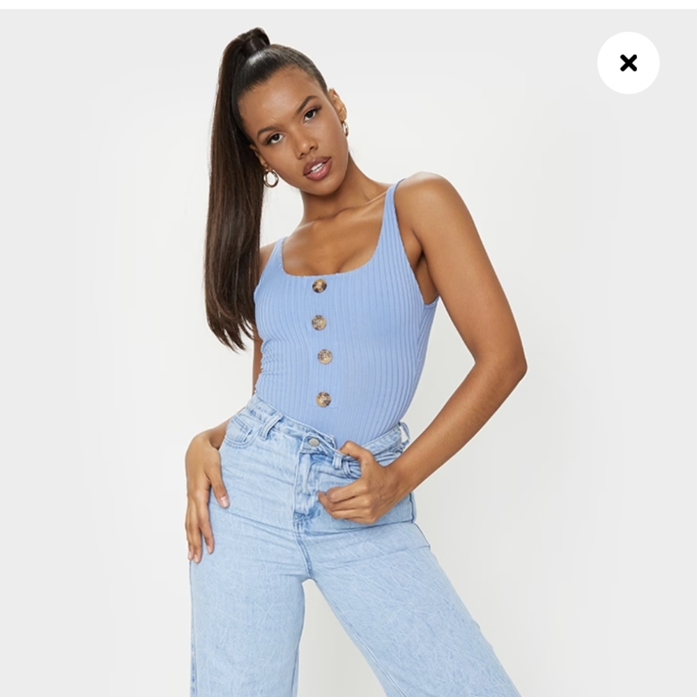 Pretty Little Thing powder blue ribbed bodysuit with tort buttons